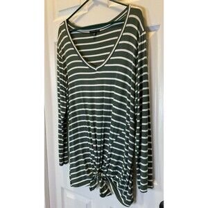 Signature Studio L Women Blouse Green White Stripe Long Sleeve Tie Front